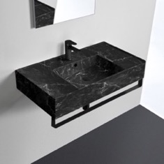 Black Marble Design Ceramic Wall Mounted Sink With Black Marble Design Towel Bar
